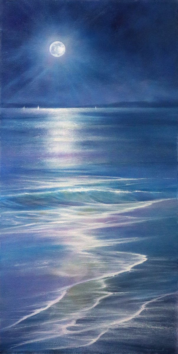Impressionistic Landscape Oil Painting By Stella Dunkley, 12 X 24", Tidal Moon, Original Artwork