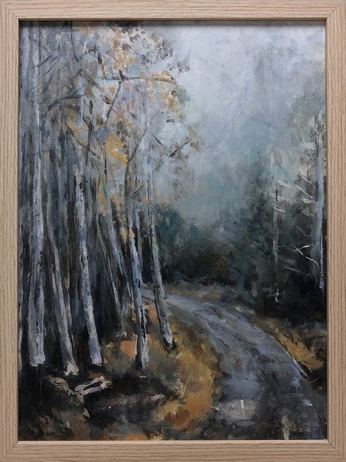 Misty road with birch trees by Jacqualine Zonneveld