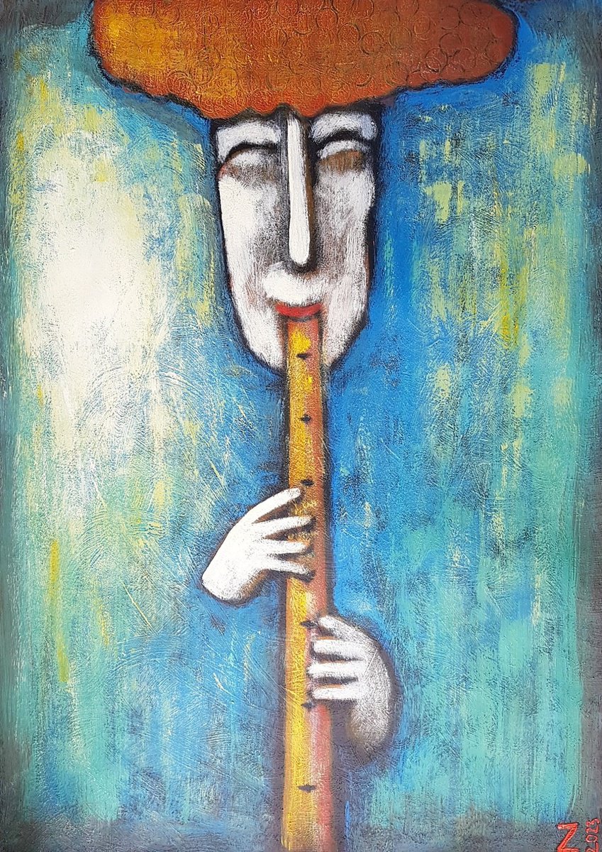 Surrealistic Portrait Acrylic Painting By Zhana Viel, 24 X 33", Pipe Musiek Ii (60Cm X 84Cm X 0.1 Cm), Original Artwork