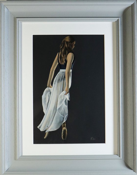 On Pointe, Ballerina Walking Away, Ballet Shoes Painting, Framed Figurative Oil Artwork by Alex Jabore