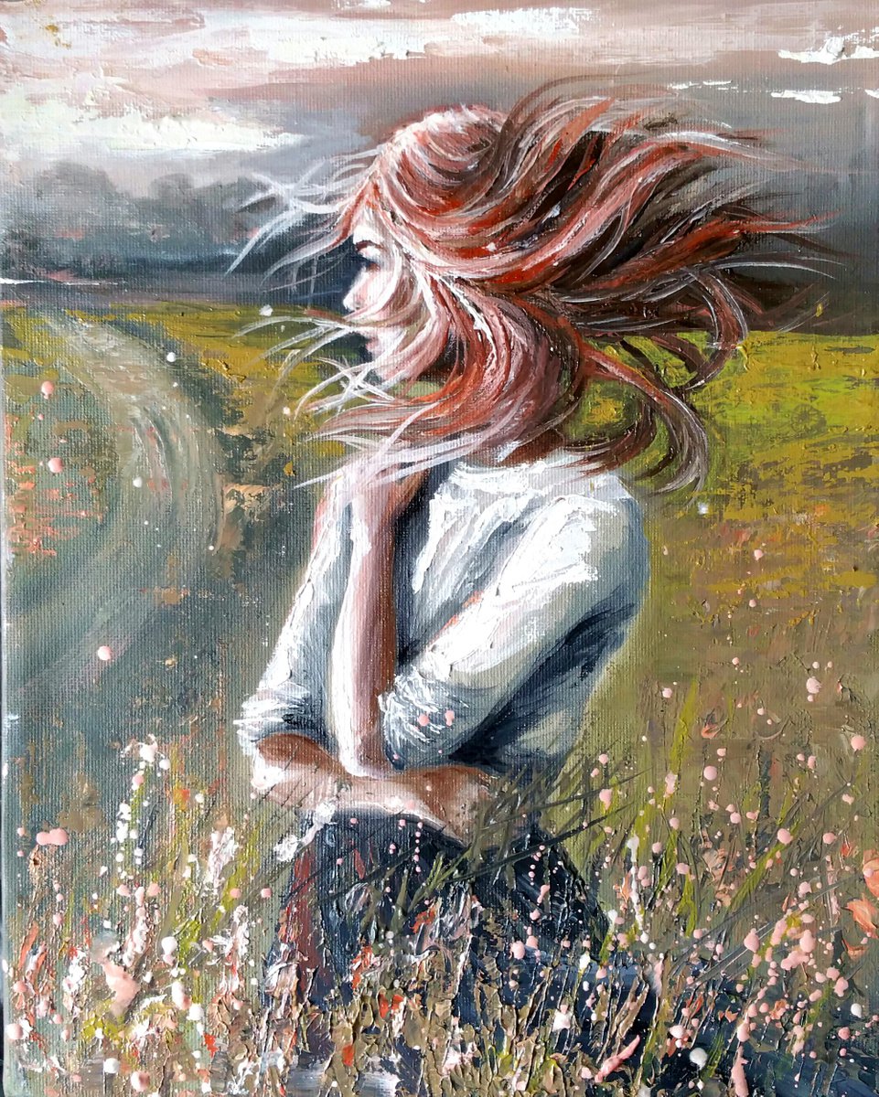 Ginger wind 24x30x1.7cm Original oil painting on canvas,ready to hang by Elena Kraft