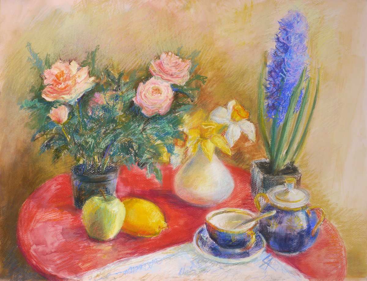 Impressionistic Still Life Pastel Drawing By Elena Lykhodid, 25 X 20, Festive Still Life, Original Artwork