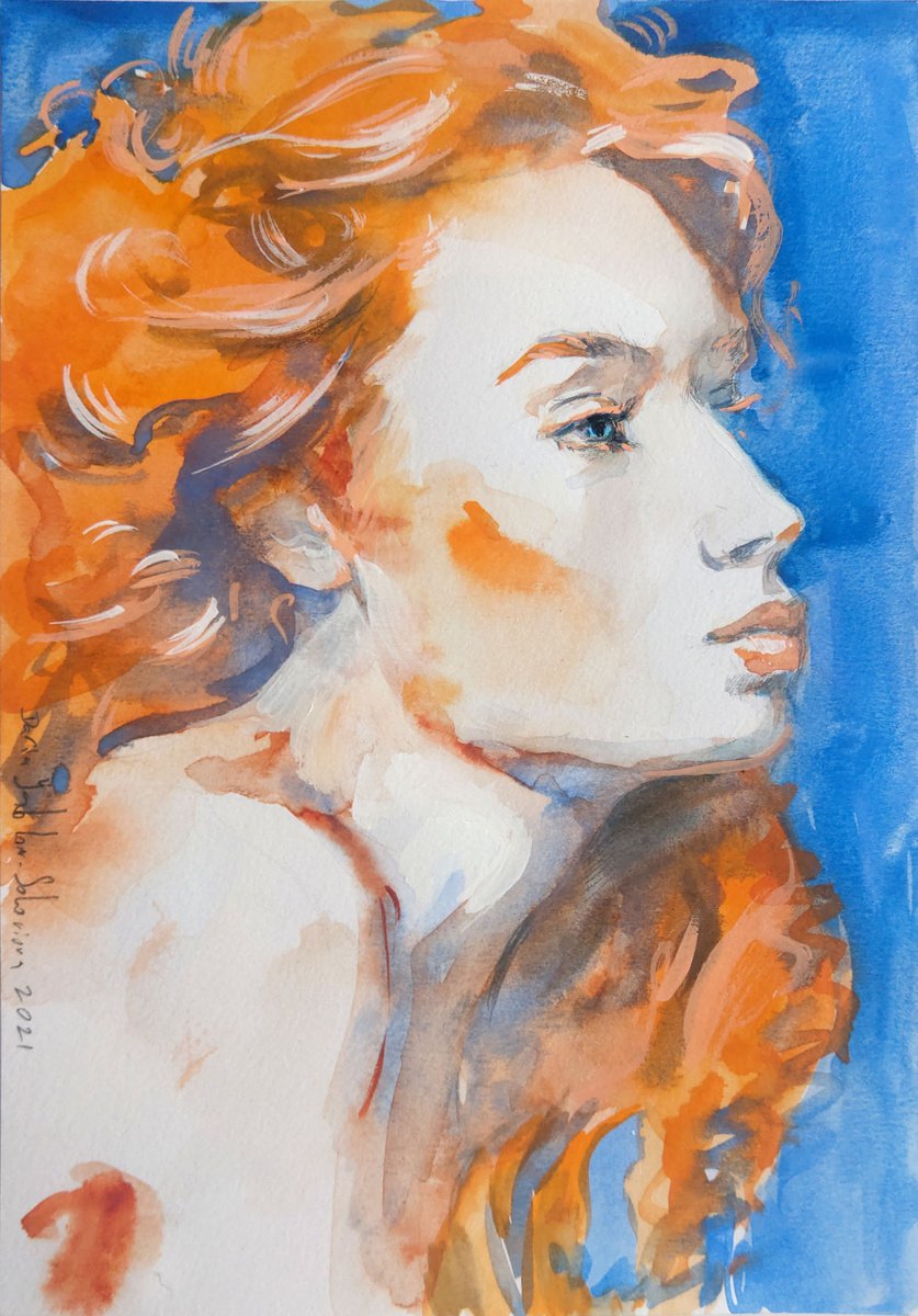 Impressionistic Portrait Watercolour By Daria Yablon-Soloviova, 6 X 8, A Cascade Of Ginger, Original Artwork