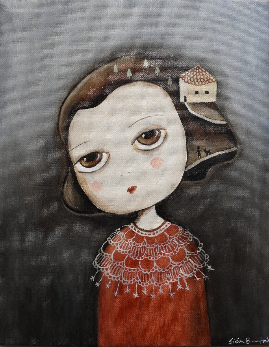 Illustrative Portrait Oil Painting By Silvia Beneforti, 9 X 12", Thinking About Home, Original Artwork