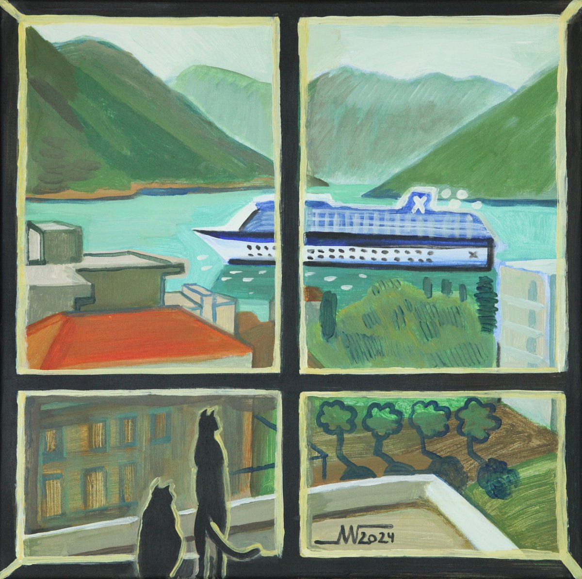 Landscape Acrylic Painting By Marina Gorkaeva, 16 X 16", Window, Original Artwork