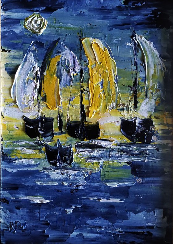 Yachts, original boats, sea painting, framed gift idea, home decor