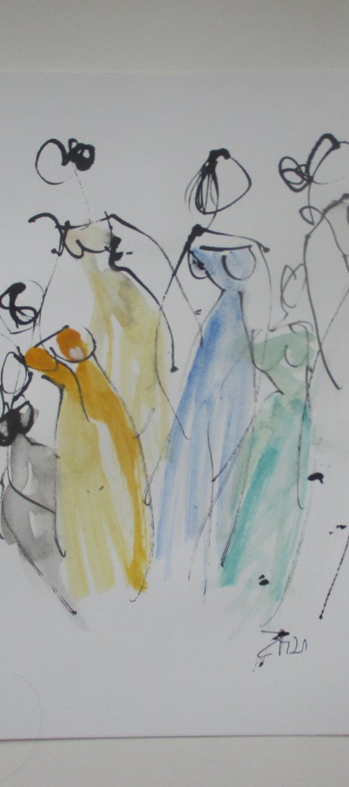 dancing girls 8,2 x 11,4 inch unique mixedmedia drawing by Sonja Zeltner-Müller