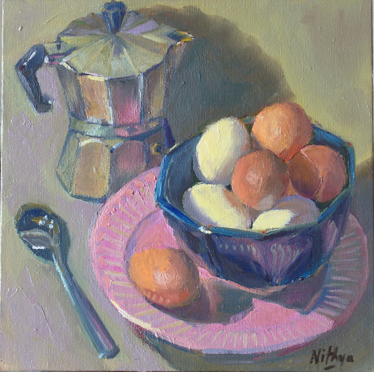 Kitchen Decor - Eggs in a Bowl - Small Oil painting, home decor by Nithya Swaminathan