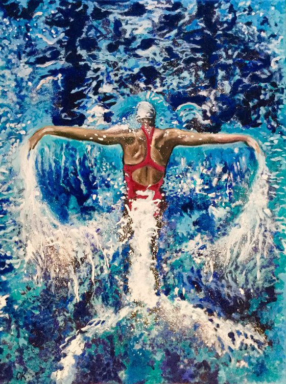 Butterfly. The Swimmer. Splashing water. Painting for sale.