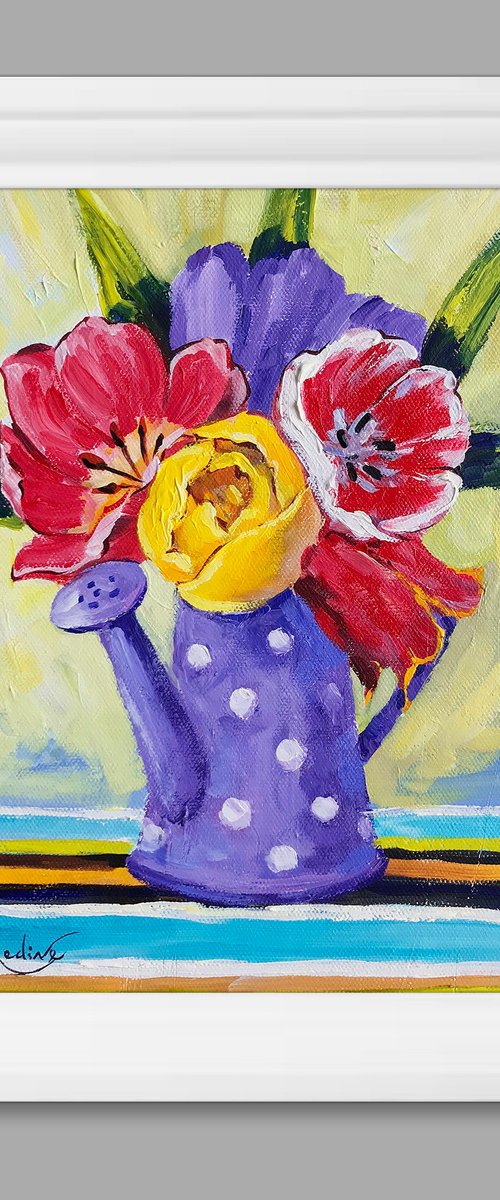 Tulips in purple watering can by Irina Redine