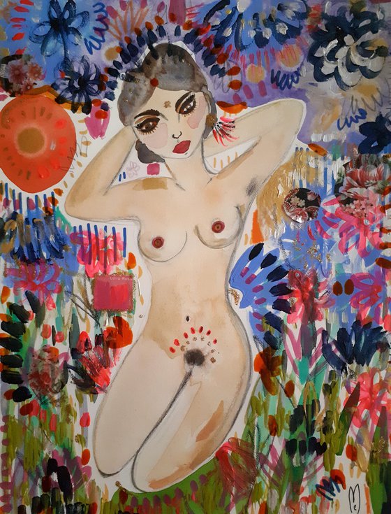 Nude Woman Flowers Garden