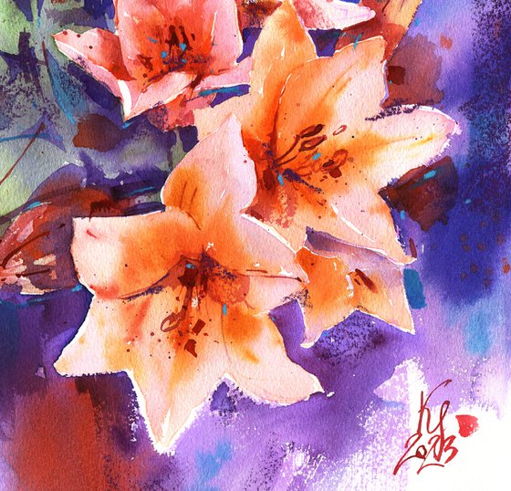 "Dance of the Lilies" - flowers on a contrasting background bright watercolor original artwork