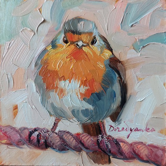 Bird painting original oil for sale, Robin bird art painting, Miniature painting 4x4, Mother's day gift