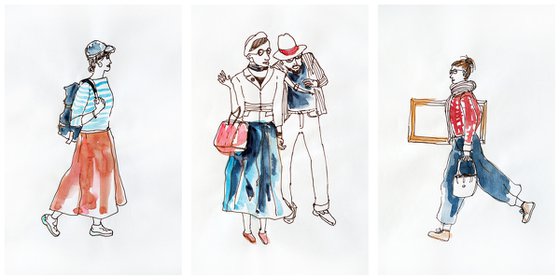 Set of 3 sketches with people - artist, tourist and extravagant pair