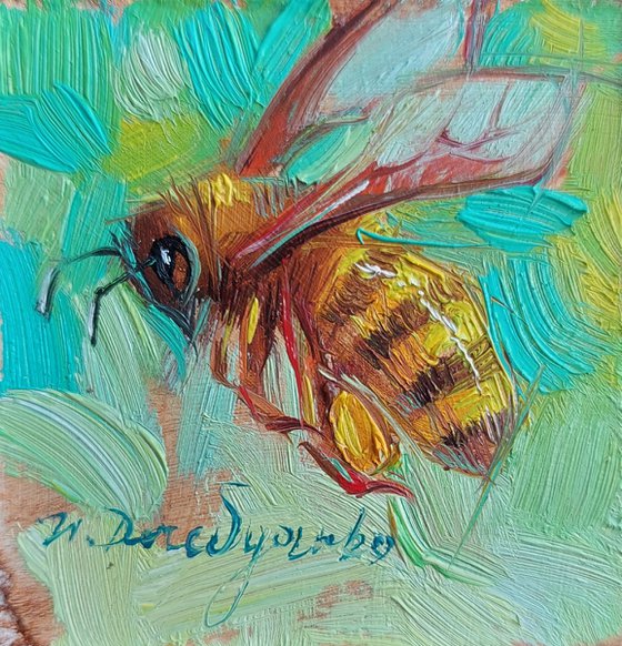 Turquoise Bee mini painting original, Bee oil art tiny painting, Bee artwork handpainted 2x2 in frame - Bee kind to yourself