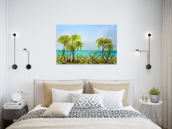 Large Abstract Seascape Painting. Tropical Island. Palm trees. Beach, ocean, waves, sky with clouds, sailboats, sailing, yacht.
