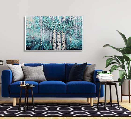 Teal Afternoon - Tree Painting On Canvas, Framed wall art, Teal blue Blomming painting, Heavy Textured art