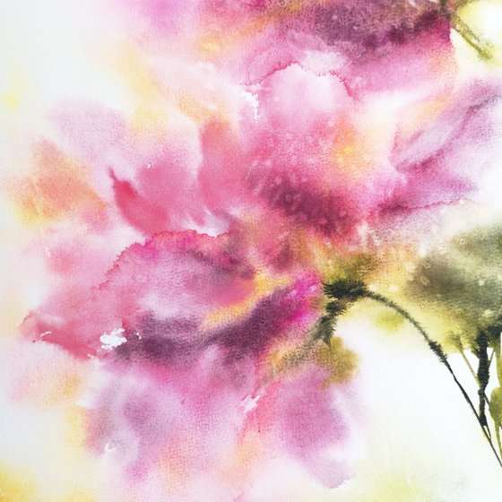 Pink flowers, abstract floral bouquet, watercolor