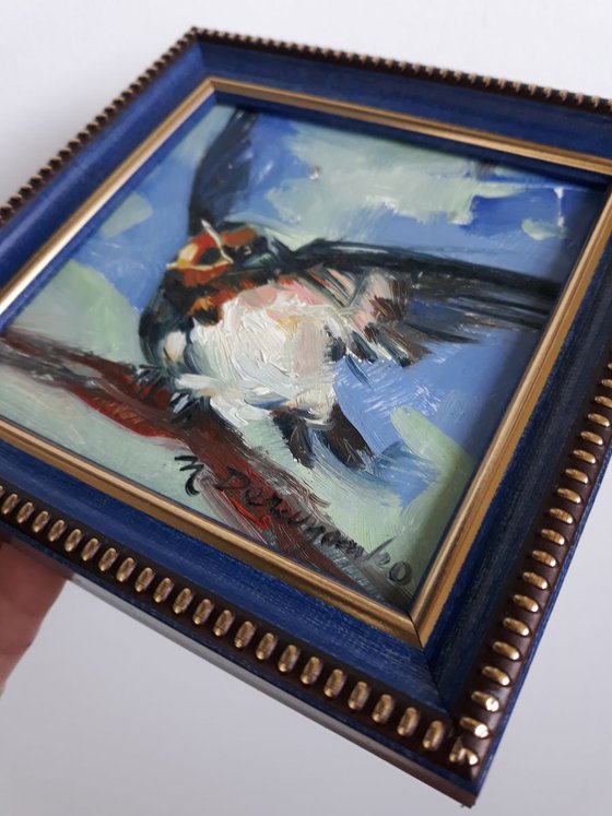 Swallow bird yellow blind original miniature painting in frame