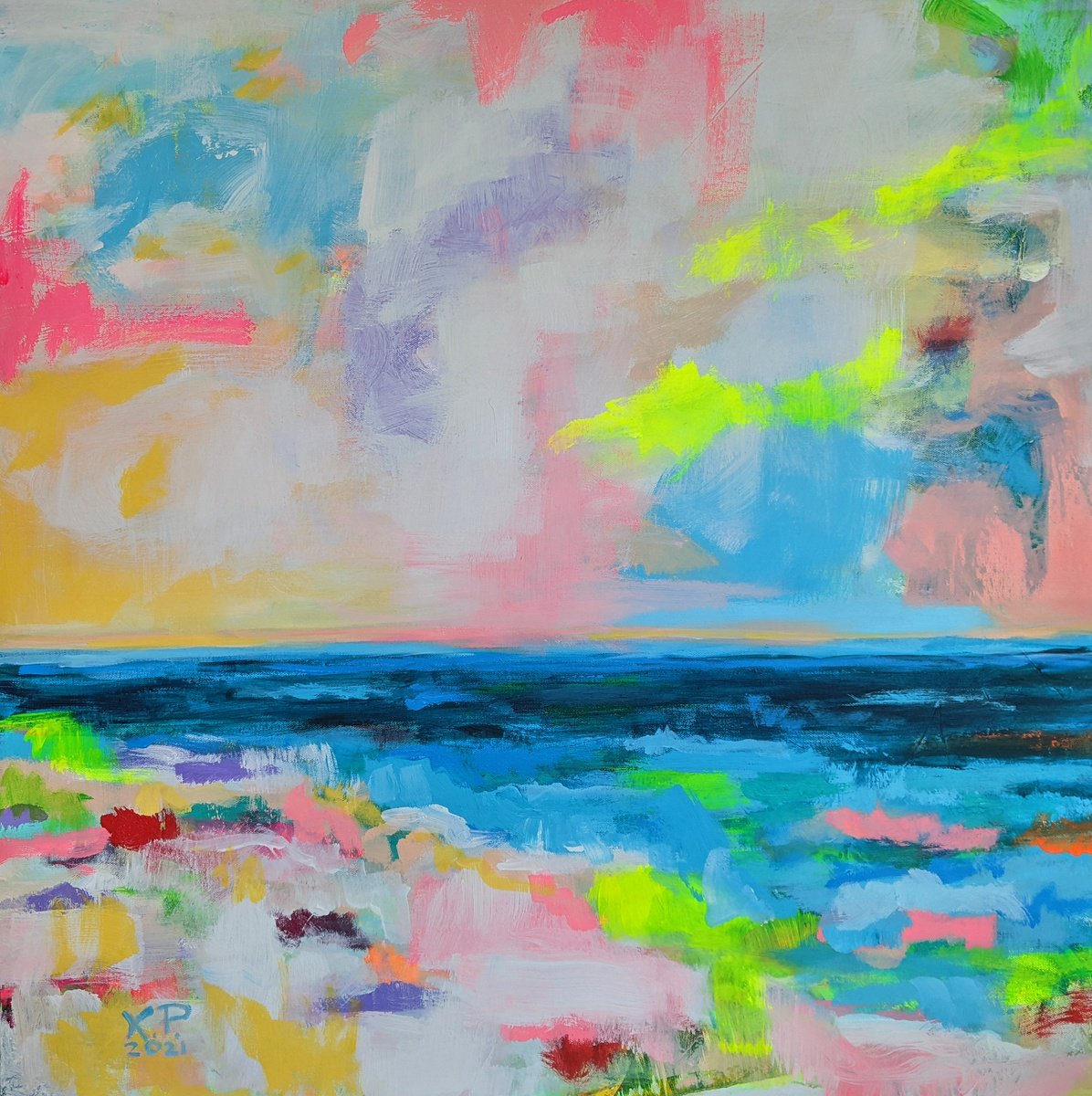 Abstract Landscape Acrylic Painting By Kasia Pawlak, 30 X 30", Pink Noon, Original Artwork