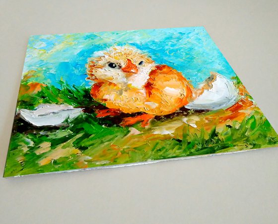 Happy birthday, Baby Chicks Painting Bird Original Art Farm Artwork Small Impasto Oil Wall Art