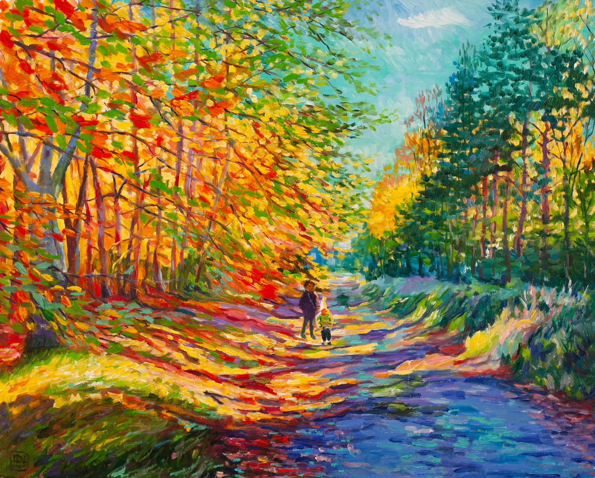 Expressive Landscape Oil Painting By Liudmila Pisliakova, 20 X 16", Golden Walk, Original Artwork