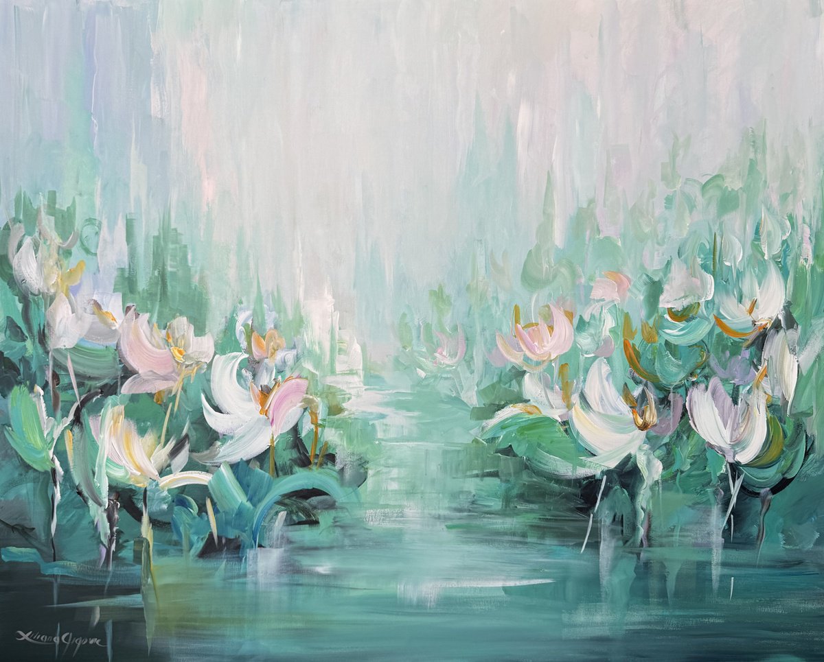 Impressionistic Botanical Acrylic Painting By Liliana Gigovic, 60 X 48", Water Lilies No 198, Original Artwork