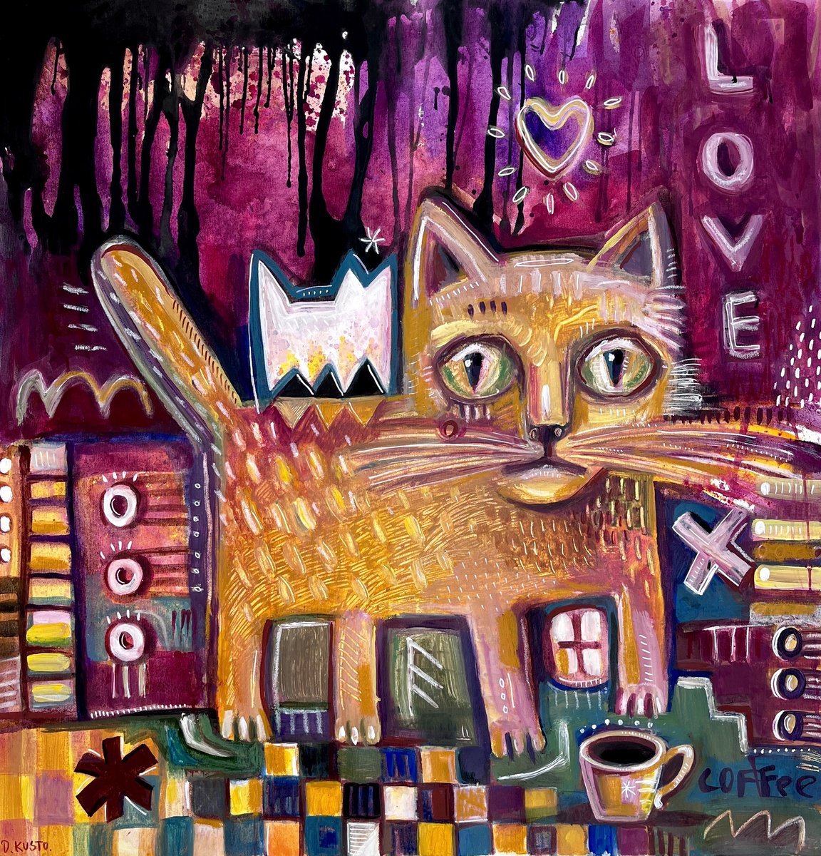 Impressionistic Animal Acrylic Painting By Daria Kusto, 43 X 44, Coffee With Cat, Original Artwork