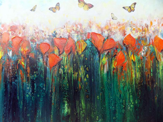 Welcome spring - Large abstract red flowers with butterflies, original artwork, abstract landscape