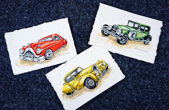 Red car. Watercolor miniature. Part from "Retro cars" series. Framed