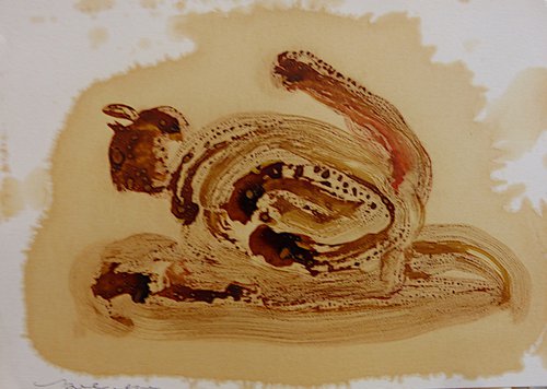 The brown cat, ink and oil on paper, 21x29 cm by Frederic Belaubre