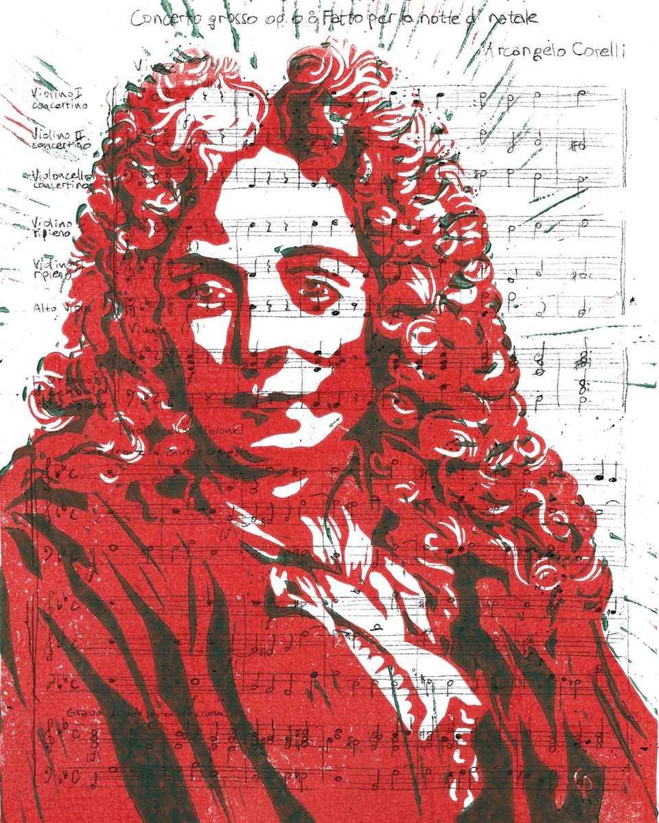 Composers - Arcangelo Corelli - Portrait on notes in red and blue by Reimaennchen - Christian Reimann