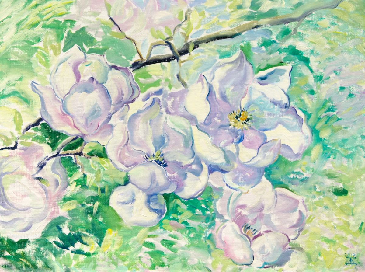 Impressionistic Botanical Oil Painting By Daria Galinski, 16 X 12, Magnolia, Original Artwork