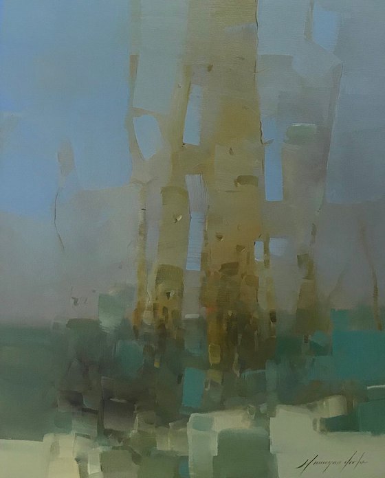 Trees in Emerald, Abstract Landscape oil painting, Handmade artwork