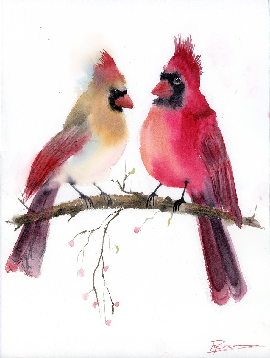 Impressionistic Animal Watercolour By Olga Tchefranov (Shefranov), 11 X 15", Cardinal Conversation, Original Artwork