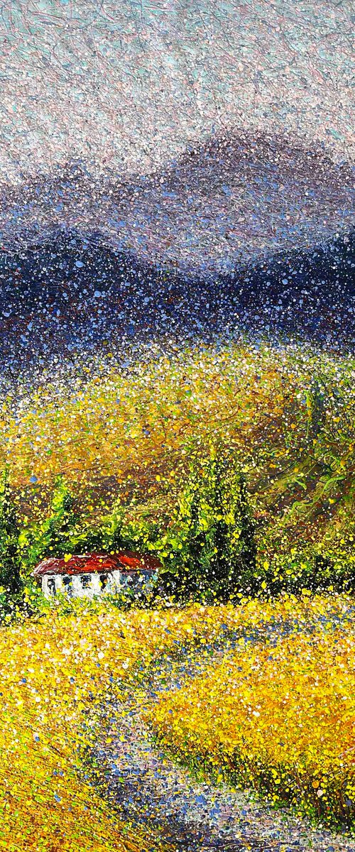 Tuscany landscape Field Abstract Sunshine mountains Italy inspire Yellow blue green Summer by Nadiia Antoniuk