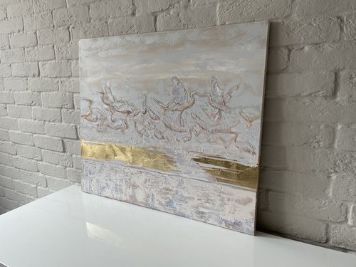 "Where the birds live". Original oil painting, potal. Birds in flight. Storkes by Mary Voloshyna
