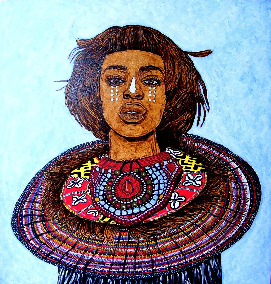 Expressive Portrait Painting By Milis Pyrography, 19 X 20", African Girl ( Samburu Tribe), Original Artwork