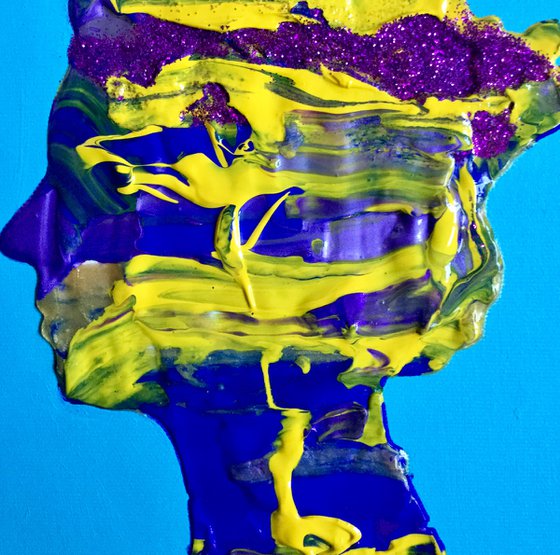 Purple metallic, yellow, gold metallic, turquoise, Queen #30 Abstract Queen Elizabeth  portrait  on sky bluebackground