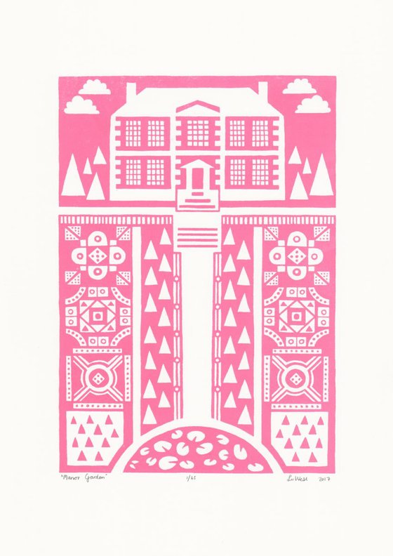 Manor Garden Screen Print A3 size in English Rose- Unframed - FREE Worldwide Delivery