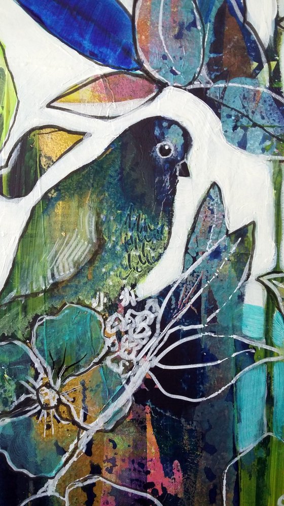 Blue birds ( birds and flowers mixed media painting )