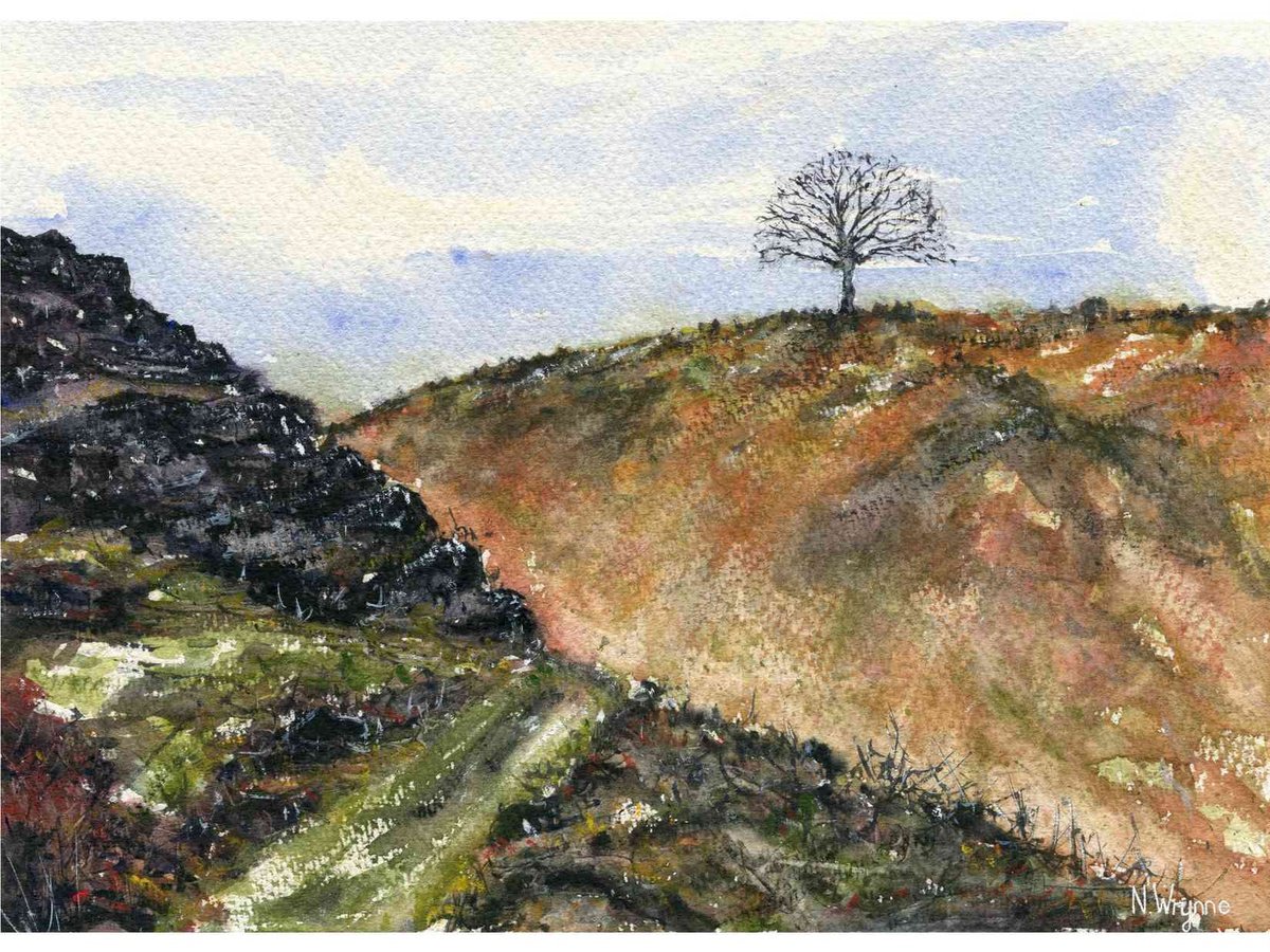 Impressionistic Landscape Watercolour By Neil Wrynne, 15 X 11", The Tree On The Ridge, Original Artwork