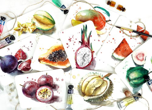 Exotic Fruits - Original Watercolor Painting Collection of 9 Mini Artworks by Yana Shvets