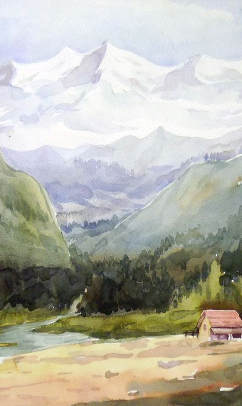 Beauty of Himalaya-Watercolor on Paper by Samiran Sarkar