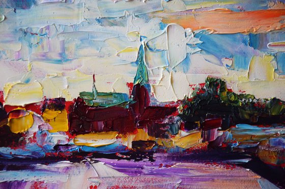 Impasto oil painting on canvas hygge city Helsingor in Denmark, Europe