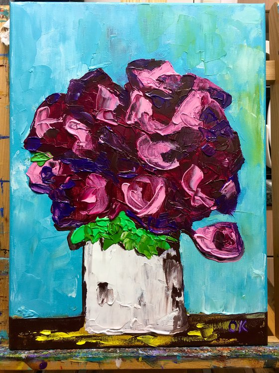 ABSTRACT BOUQUET OF Burgundy Roses  #16 ( NAIVE COLLECTION)  palette  knife Original Acrylic painting office home decor gift