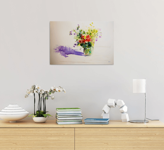 Wild flowers bouquet with poppies and malva. Sunny bright medium size summer painting