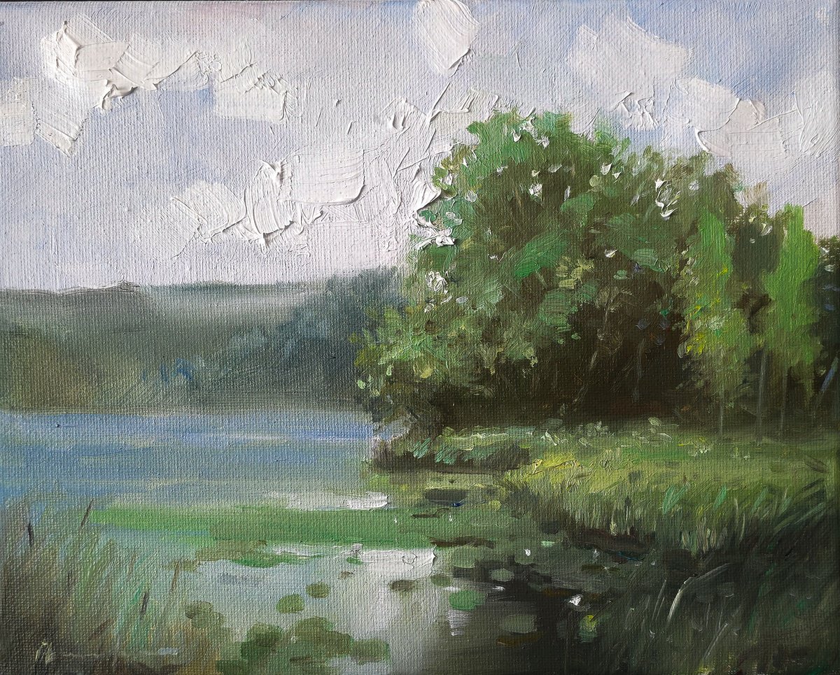 Impressionistic Landscape Oil Painting By Artem Grunyka, 10 X 8, Pond, Original Artwork