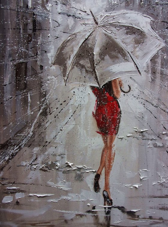 " RAINY LADY ... "  RAIN street spring summer original painting CITY palette knife GIFT