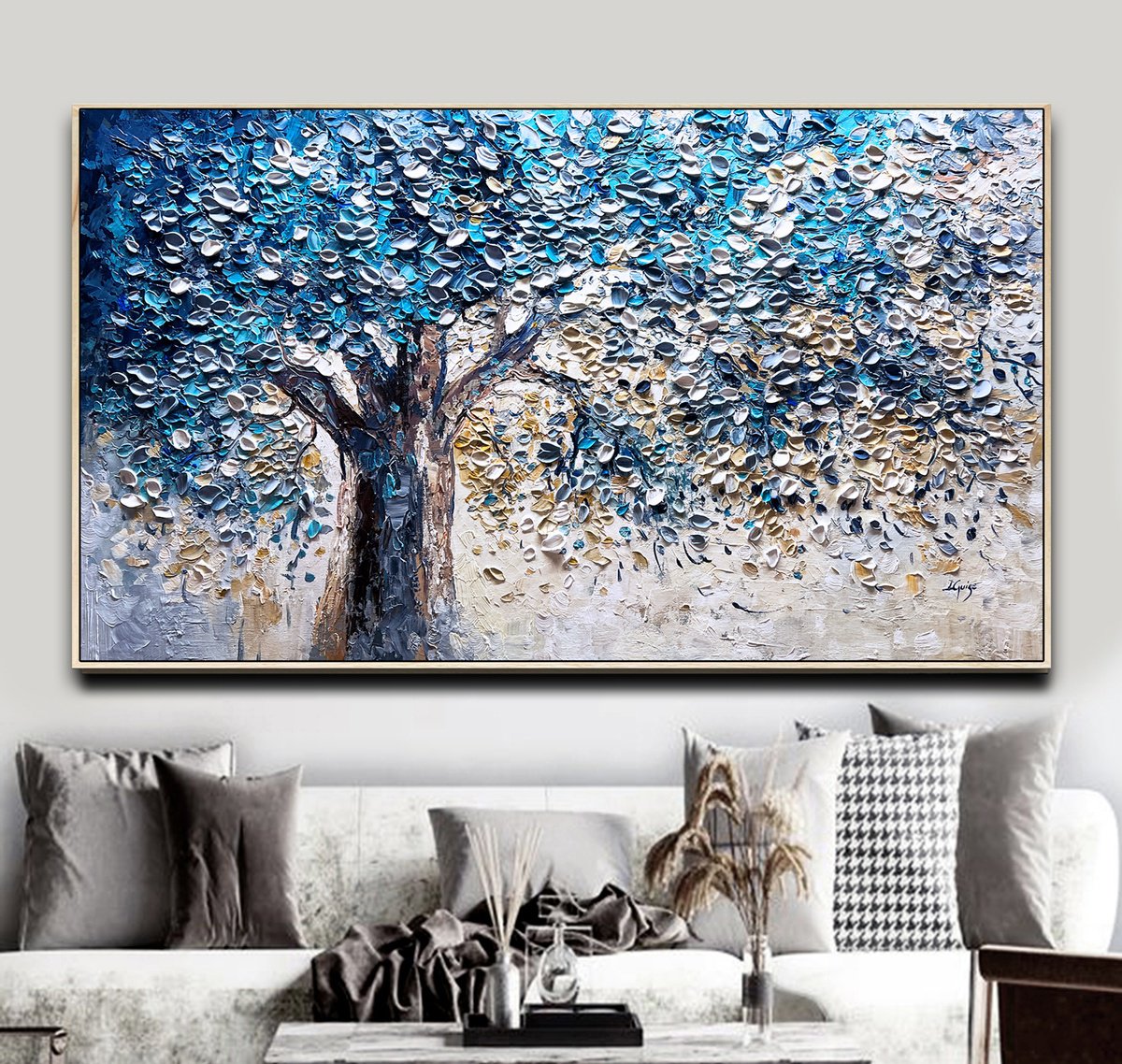 Abstract Landscape Acrylic Painting By Lana Guise, 49 X 29", Blue Dreaming Tree, Original Artwork